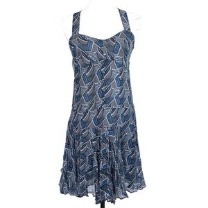 Derek Lam 10 Crosby Dress Women 2 Geometric Silk Blend T-Back Ruffle Blue Grey